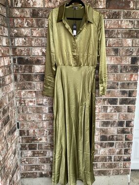 Fashion Nova Olive Satin Maxi Shirt Dress